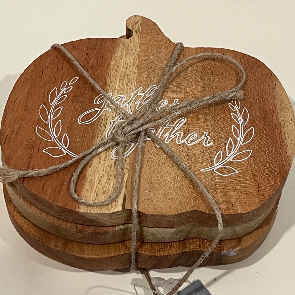 Pumpkin Shaped Acacia Wood Coasters "Gather Together" - NWT